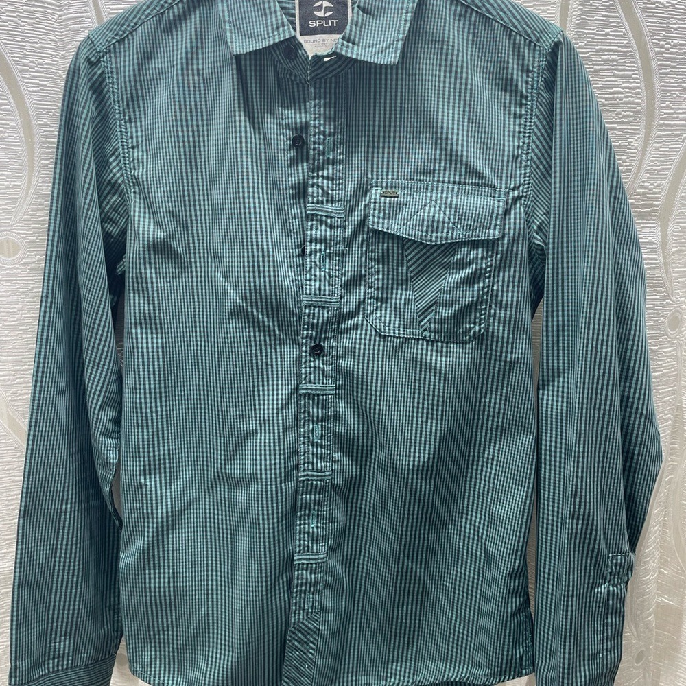 Split‎ Bound By None Mens Small Teal Black Check Long Sleeve Button Down Shirt